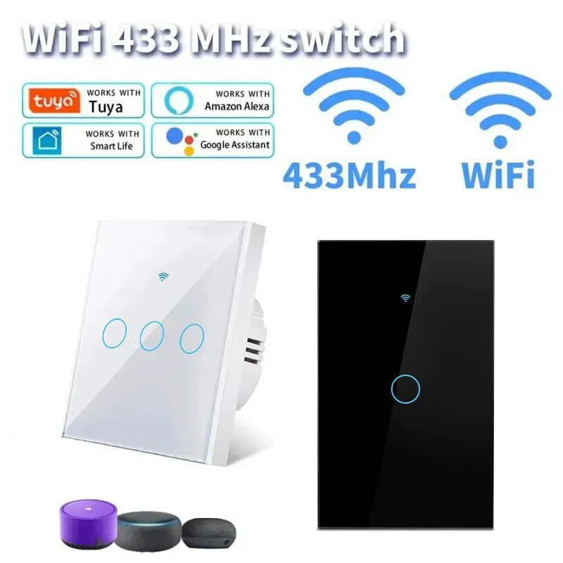Tuya WIFI Smart Home Drahtloser Fernbedienungsschalter für Licht, Wandmontage, US/EU Glas-Touchpanel, Sprachsteuerung über Alexa und Google Home