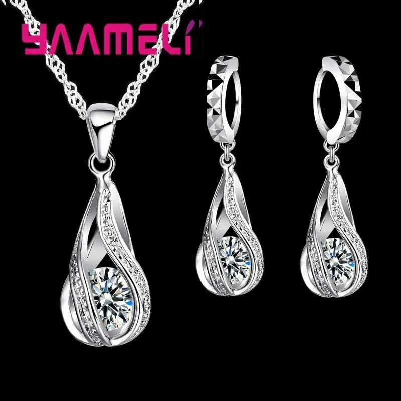 Heißer Wassertropfen CZ 925 Sterling Silber vergoldet Schmuckset für Frauen Anhänger Halskette Creolen Hochzeit Party Ceremoey Anel