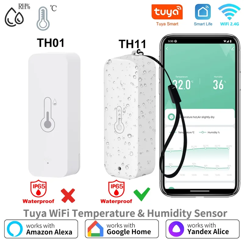 IP65 Tuya WiFi Temperatur- und Feuchtigkeitssensor, intelligenter Sensor, APP-Fernbedienung für Smart Home, unterstützt SmartLife, Yandex, Alexa
