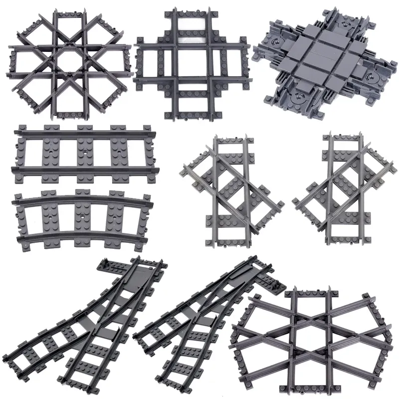 MOC Stadt Zug Schiene Kreuzung Flexible Gleise Gabelte Gerade Gebogene Schienen Schalter Baustein Ziegel Kreative DIY Spielzeug