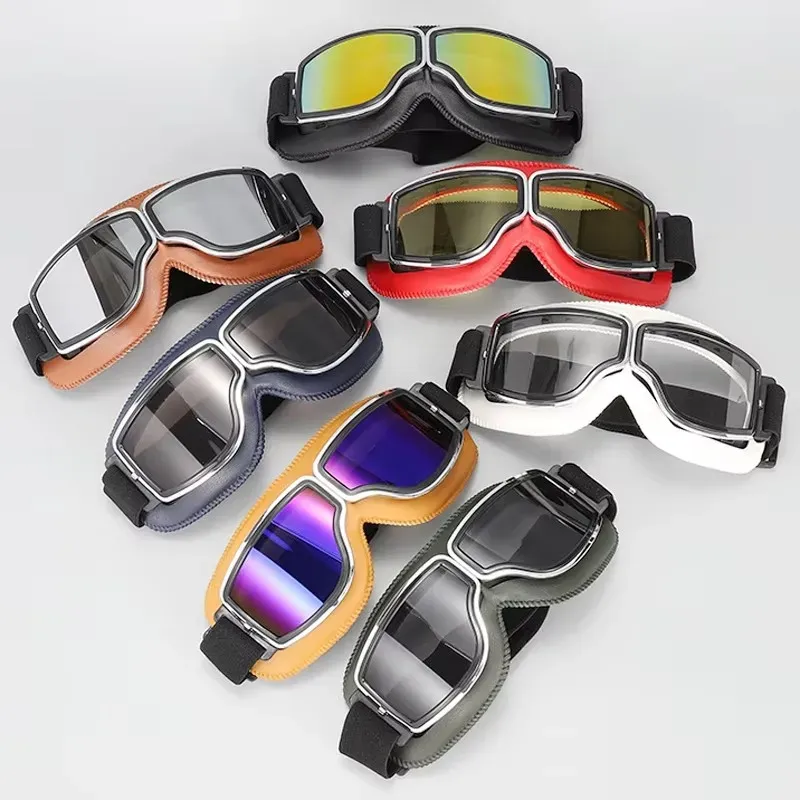 Retro Motorrad Brille Vintage MotoRider Roller Pilot Leder Brille Outdoor Winddicht UV Sonnenbrille Fahrrad Radfahren Brille