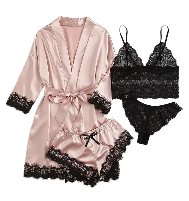 2025Neue Damen-Pyjama-Mode, 4-teiliges Set, Spitze, Satin, Riemen, sexy Pyjama-Set, Kleid, hautfreundlich, bequem, lässig, Pyjama-Rock