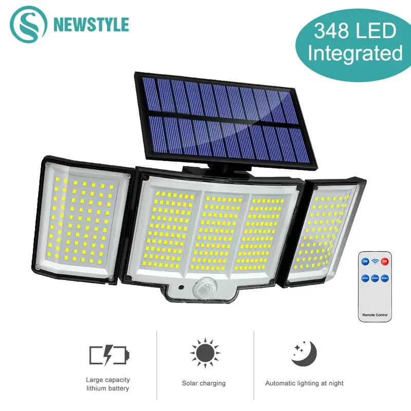 Solarleuchte für den Außenbereich, 328/348 LED, integrierter superheller Bewegungssensor, starke Leistung, IP65, wasserdicht, 3 Arbeitsmodi, Gartenwand