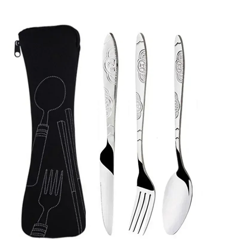 3-teiliges Edelstahl-Steakmesser im westlichen Stil, Gabel, Löffel, kreative Stofftasche, tragbares Geschirr-Set im westlichen Stil, Besteck-Set
