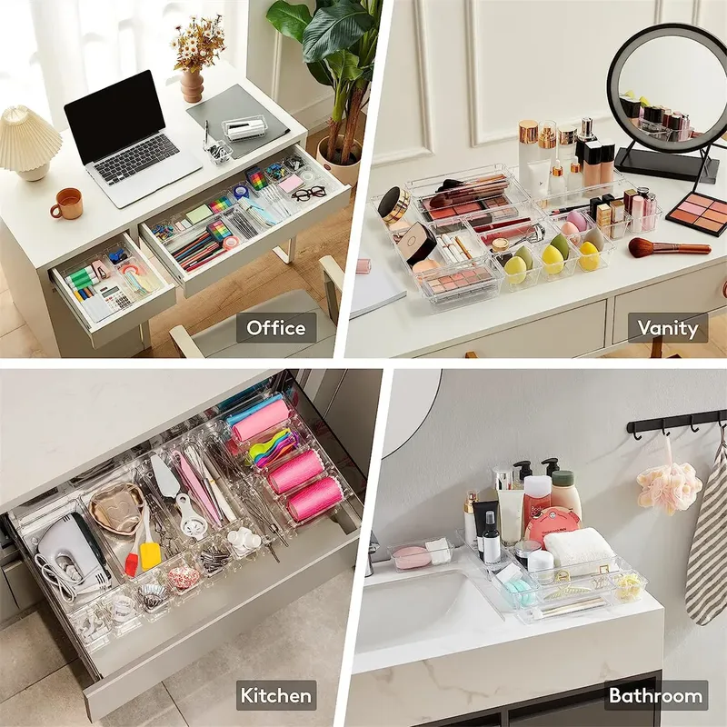 10-teiliges, vielseitiges Schubladen-Organizer-Set – transparente Kunststofftabletts und Trennwände in 4 Größen für perfekte Make-up- und Küchenaufbewahrung