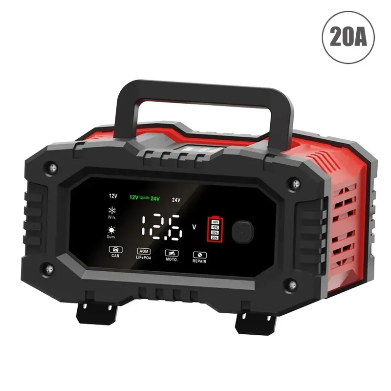 FOXSUR 20A/10A Auto- und Motorrad-Batterieladegerät 12V/24V Intelligentes Ladegerät für Lithium AGM GEL Blei-Säure LiFePO4 Batterien