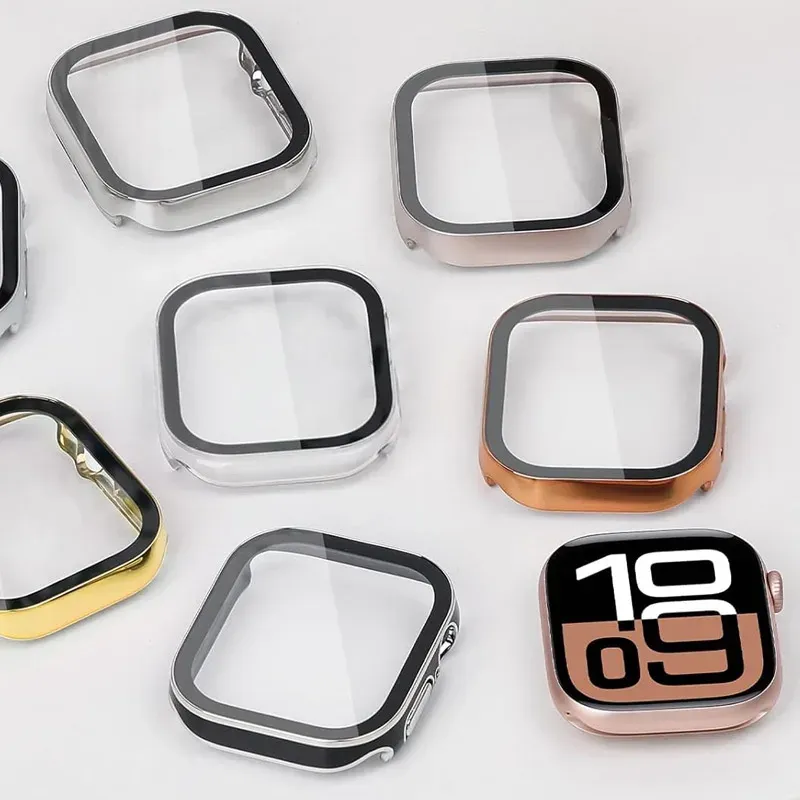 Displayschutzfolie für Apple Watch 10 Gehäuse 46 mm 42 mm 45 mm 44 mm 41 mm 40 mm 44 PC-Stoßstangenabdeckung aus gehärtetem Glas Serie 7 8 9 SE 6 5 4