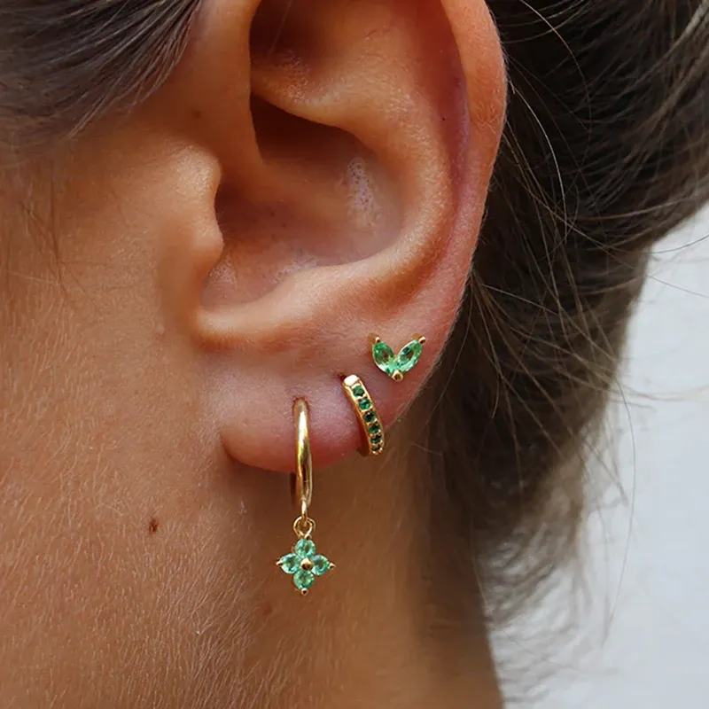 3PCS Edelstahl Grün Kristall Zirkonia Hoop Ohrringe Set Für Frauen Geometrische Knorpel Piercing Ohrring Modeschmuck