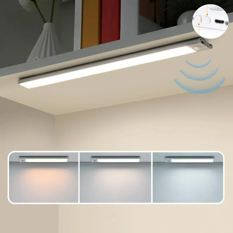 Nachtlicht mit Bewegungssensor, LED, USB, wiederaufladbar, 1000 mAh Akku, Schranklampe, 3 Farben, dimmbar, für Schlafzimmer, Küche, Licht
