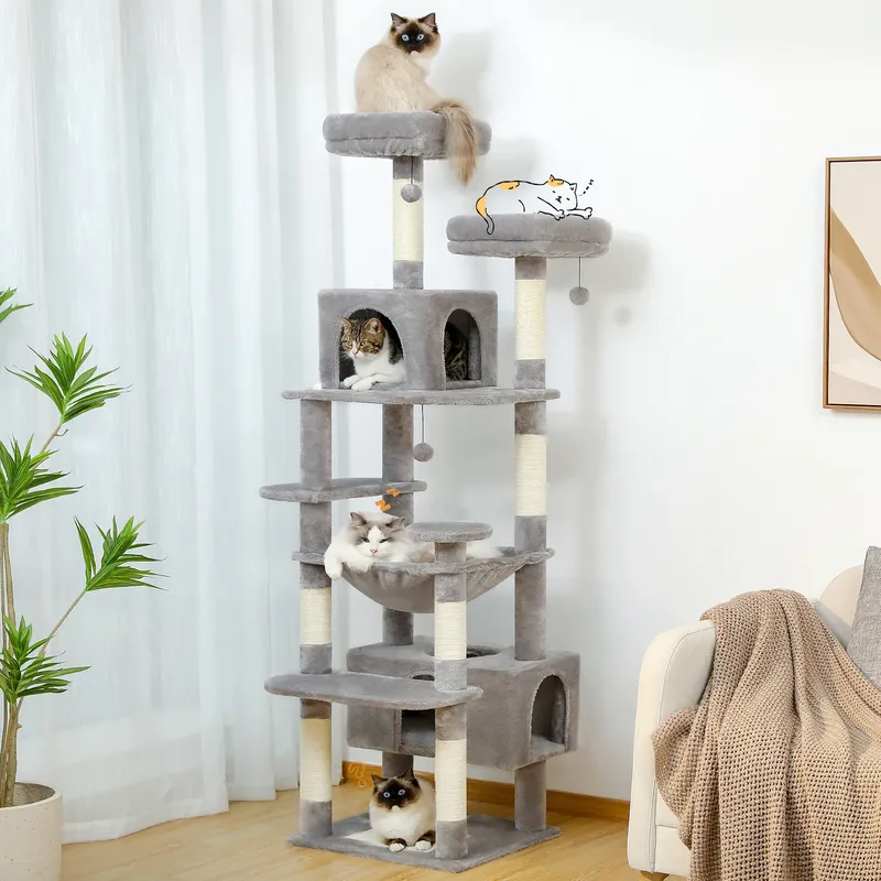 Großer Kratzbaum und Turm für Hauskatzen mit sisalüberzogenen Kratzbäumen, geräumige Hängematte, gepolsterte Sitzstangen und Eigentumswohnungen, Katzenspielzeug