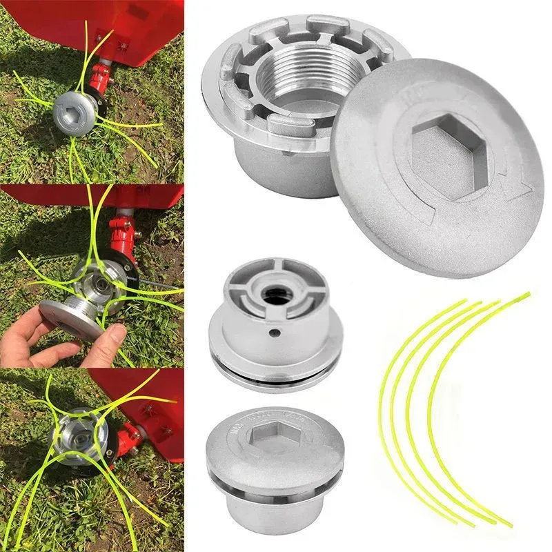 Universeller Aluminium-Rasentrimmerkopf mit 4-Linien-Freischneiderkopf, Gewinde, Nylon-Gras-Schneidfadenkopf für Rasenmäher, Silber