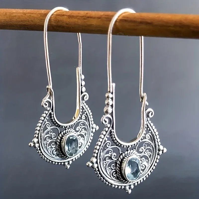 Höhlenmuster mit Zirkon-Dekor, baumelnde Ohrringe, böhmischer Ethno-Stil, Zinklegierung, versilberter Schmuck, Tourismus-Souvenir