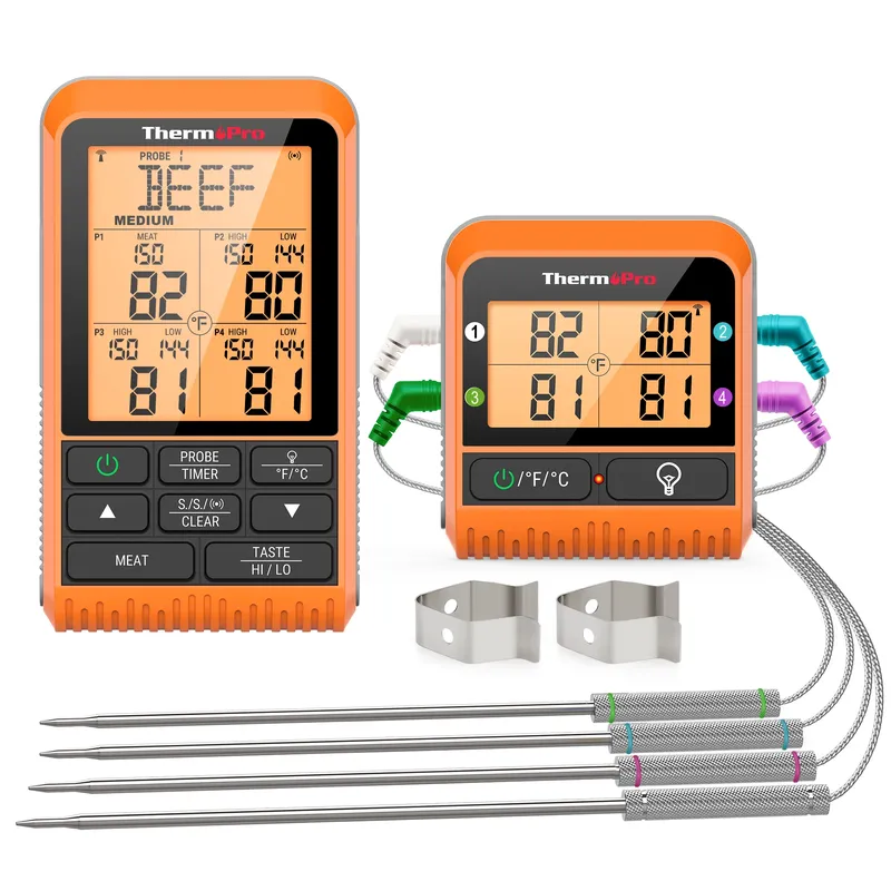 ThermoPro TP829C Hintergrundbeleuchtung 4 Fleischsonden 300 m kabelloses Grillofen-Thermometer für Fleisch, digitales Küchen-Fleischthermometer, Timer