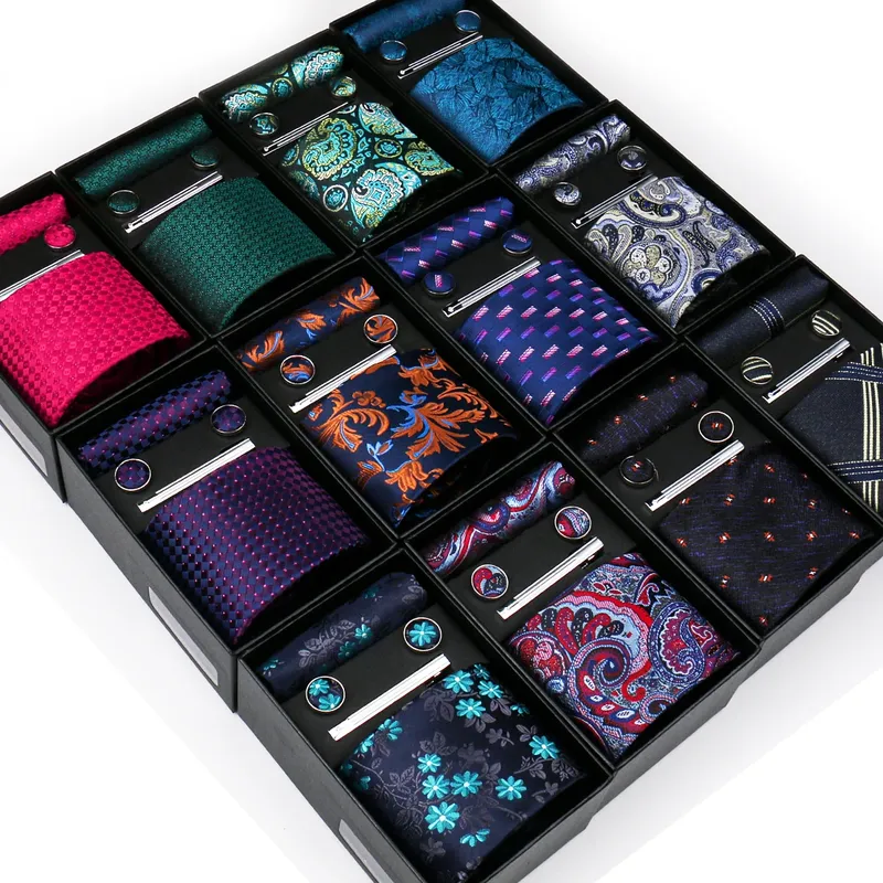 Krawatte Set Für Männer Krawatte Mode Hochzeit Manschettenknöpfe Box Geschenk Krawatte Clip Männer Einstecktuch Krawatte Luxus Business Großhandel Gravatas