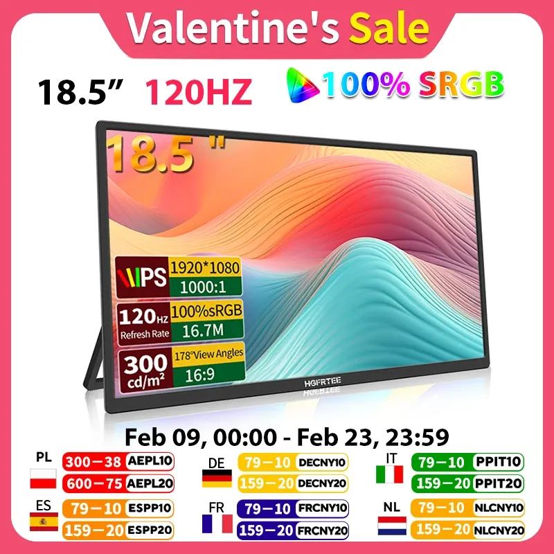 HGFRTEE 18,5 Zoll 100 Hz tragbarer Monitor mit VESA-Lochständer PC-Gaming Erweitertes Display ADS-IPS Großbildschirm unterstützt Typ-C HDMI