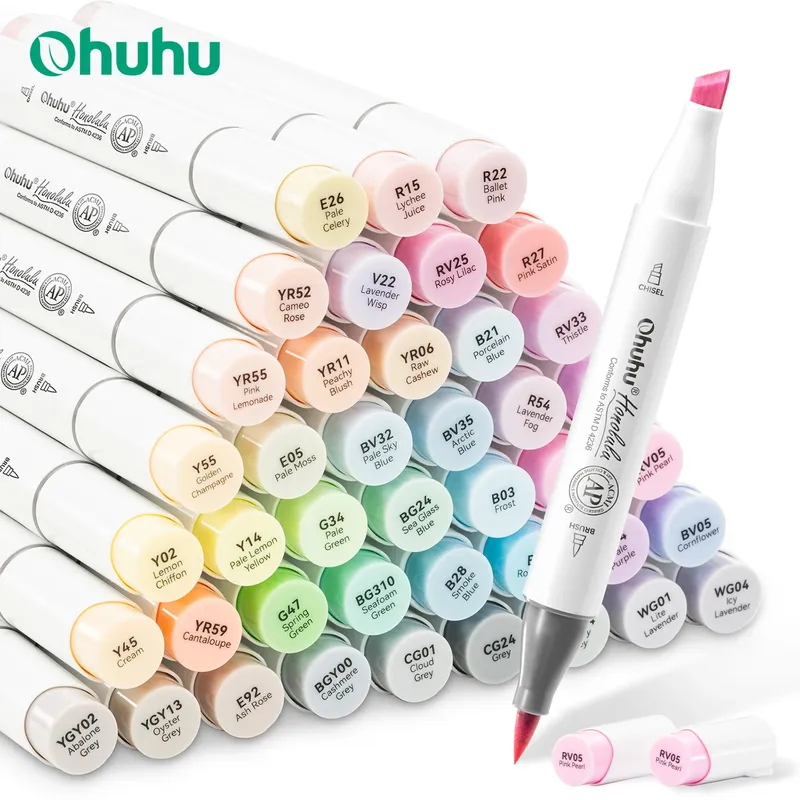 Ohuhu Honolulu Marker-Set in 48 Pastellfarben, Alkohol-Kunstmarker, nachfüllbar, Doppelspitzen, Skizzieren, Zeichnen, Schule, Kunstbedarf