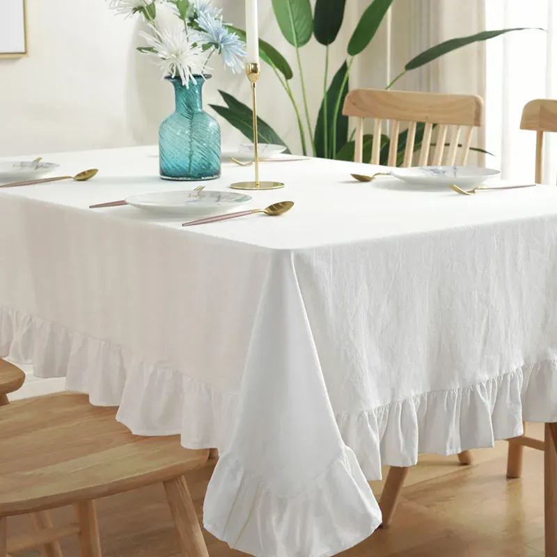 Weiße Tischdecke, waschbar, Vintage-Stil, Rüschenbesatz, Tischdecke für Boho-Hochzeit, Tischplatte, Brautparty, Babyparty, Geburtstagsparty-Dekoration