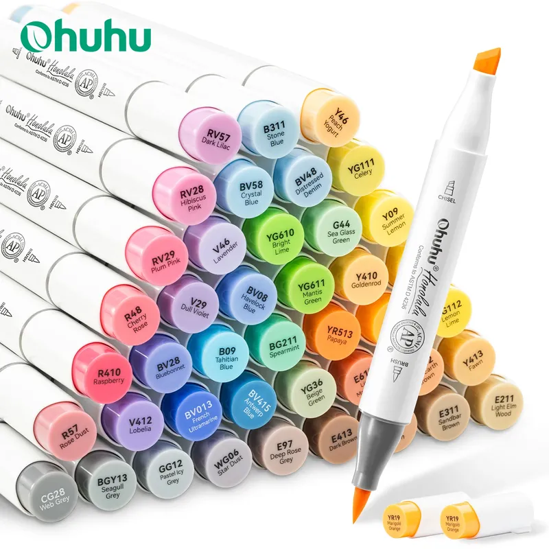 Ohuhu Honolulu 48, mittelfarbenes Markierungsstift-Set, Alkohol-Kunstmarker, nachfüllbar, Doppelspitzen, Skizzieren, Zeichnen, Schule, Kunstbedarf