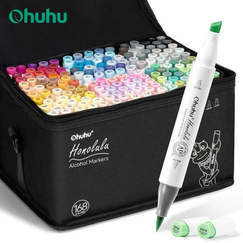 Ohuhu Honolulu 168 Farben Markierungsstift-Set, Alkohol-Kunstmarker, nachfüllbar, Doppelspitzen, Skizzieren, Zeichnen, Manga, Schule, Kunstbedarf