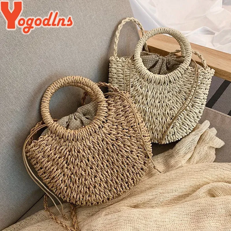 Yogodlns Handgemachte Halbrunde Rattan Gewebt Stroh Tasche Sommer Frauen Messenger Umhängetaschen Mädchen Kleine Strand Handtasche Neue