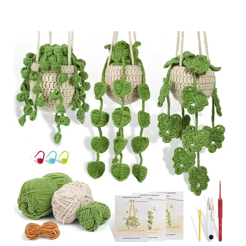 KRABALL Häkel-Pflanzen-Set zum Aufhängen für Anfänger mit Video-Tutorial, Baumwolle, Strickgarn, Fadennadeln, Haken, Strickwerkzeug-Set
