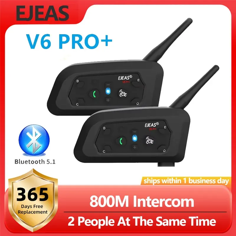 EJEAS V6 PRO+ Motorradhelm-Gegensprechanlage, Bluetooth-Headset, 6 Fahrer, Kommunikator, wasserdicht, V5.1-Musikplayer, 800 m Gegensprechanlage