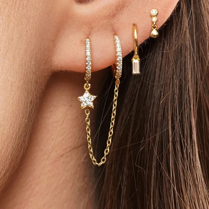Vintage Edelstahl Kristall Stern Kette Creolen Für Frauen Trendy Punk Anhänger Quadrat Ohrringe Modeschmuck