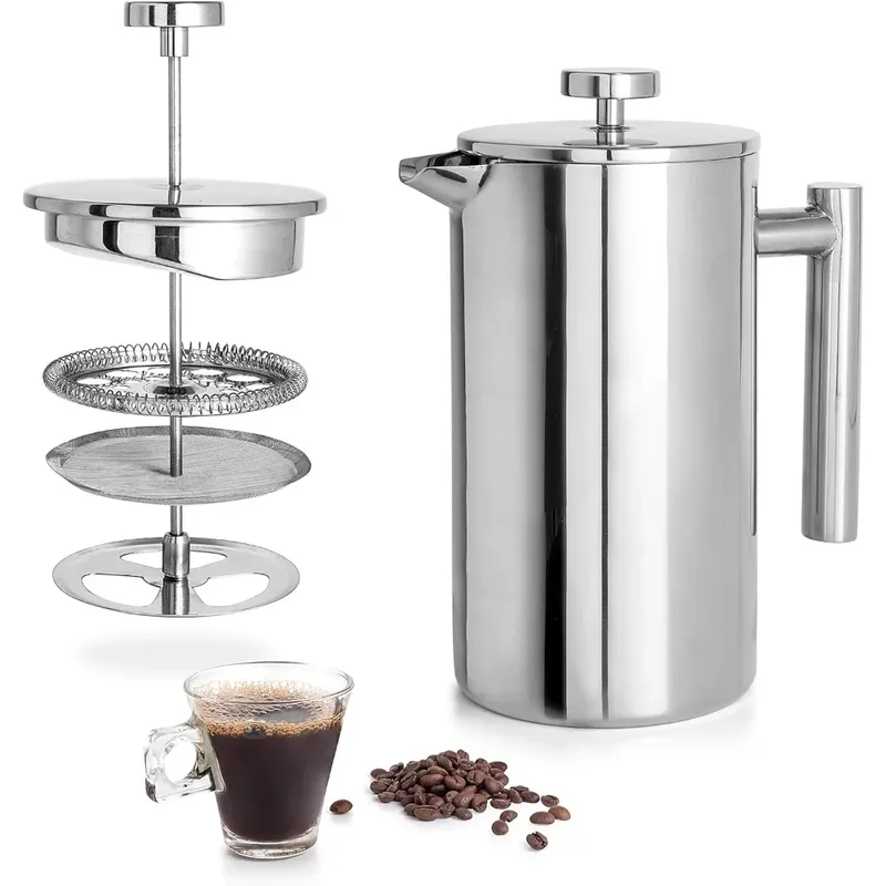 French Press Kaffeemaschine, Edelstahl-Kaffeekanne, doppelwandig, isoliert, French-Press-Topf, leicht zu reinigen, langlebig, für Kaffee, Tee, Brauer
