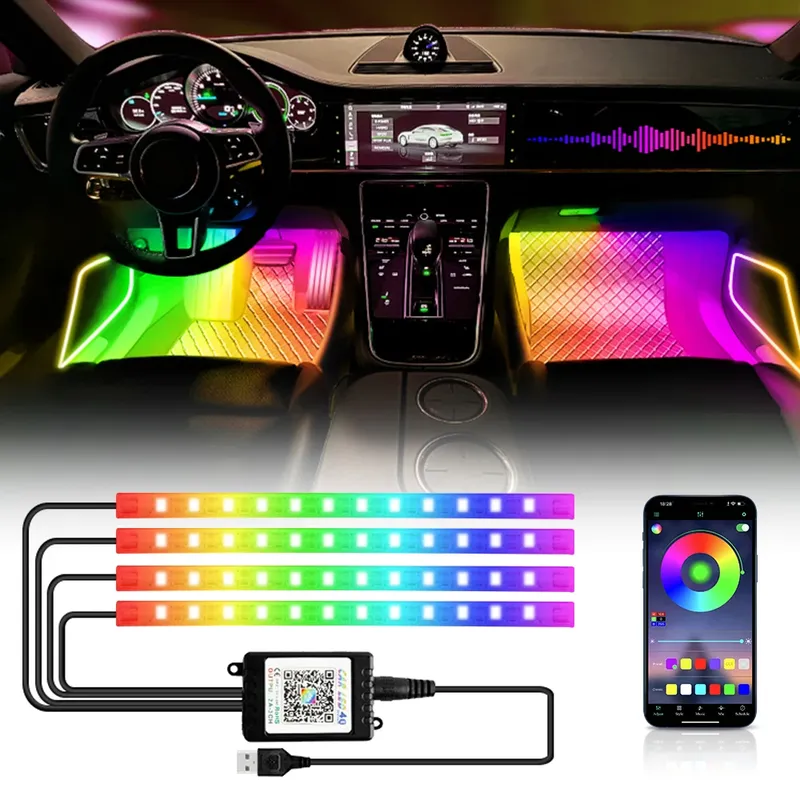 Neon 48 72 LED Auto-Innenraum-Umgebungsfußlicht mit kabelloser USB-Fernbedienung, Musik-App-Steuerung, automatische RGB-Atmosphäre, dekorative Lampen