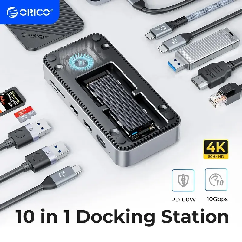 ORICO DPM2P9 USB C HUB mit Lüfter M.2 NVMe SSD-Gehäuse Externe 10 Gbit/s 4K, 60 Hz HDMI-Com, RJ45 SDTF Dockingstation