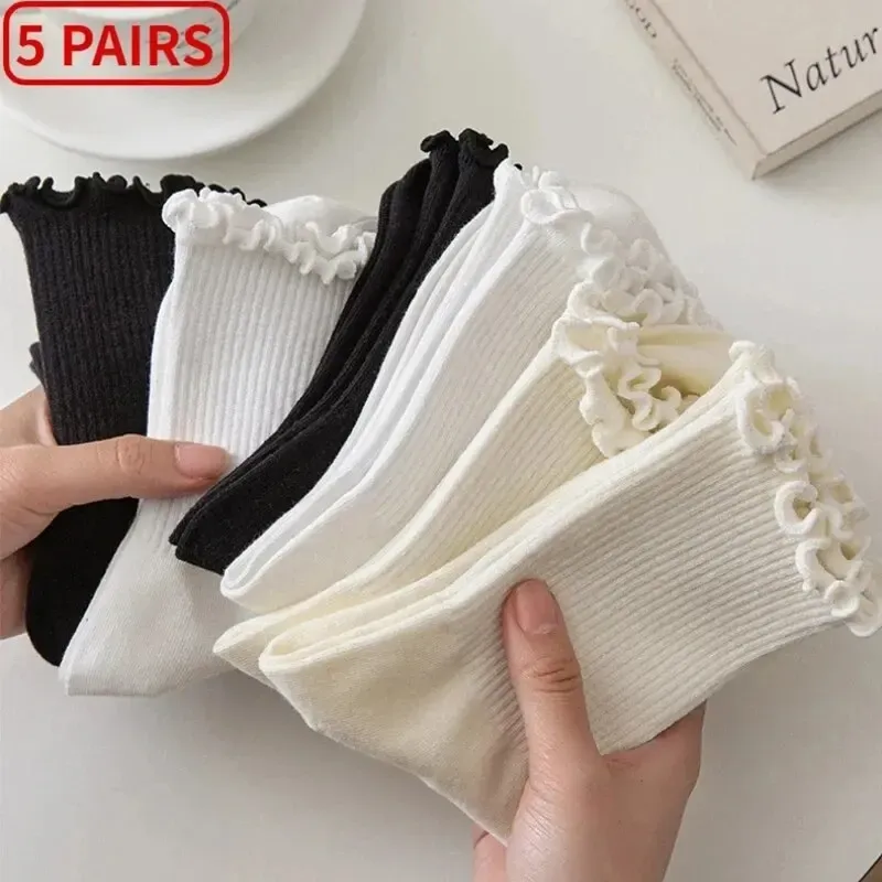 5/10 Paar Lot Socken für Frauen Rüschen Mittelrohr Knöchel Kurz Atmungsaktiv Schwarz Weiß Set Frühling Herbst