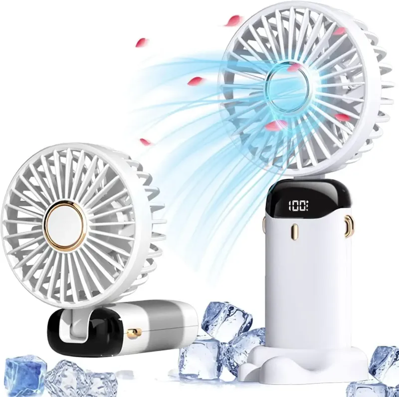 Handheld-Mini-Ventilator, 1800 mAh, faltbar, tragbar, Schreibtisch, Outdoor, Hals hängend, 5 Geschwindigkeiten, wiederaufladbarer USB-Ventilator, Telefonständer-Display