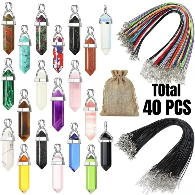 40PCS/30PCS Sechseckigen Chakra Synthetische Kristall Anhänger Spitzen Quarz Stein Mit Leder Halskette Kette Lagerung Tasche Schmuck