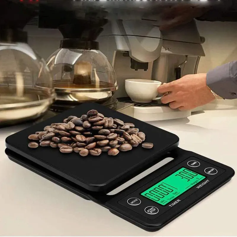 Tragbare elektronische digitale Küchenwaage, Kaffeebrühtimer, hohe Präzision, 5 kg, 0,1 g, LCD-Display, Lebensmitteltropfwaage