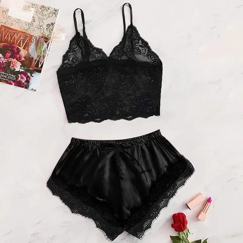 Frauen Spitze Pyjama Set Sexy Satin Nachtwäsche 2Pcs Dessous Cami Top und Shorts Nachtwäsche Sommer Hause Kleidung Geschenk für sie