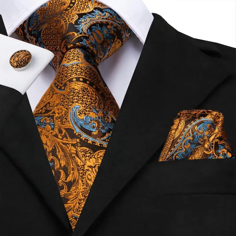 Hi-Tie 100 % Seide Luxus Herren Krawatten Floral Schwarz Gold Krawatten Paisley Krawatte Einstecktuch Manschettenknöpfe Set Herren Hochzeit Party Krawatte