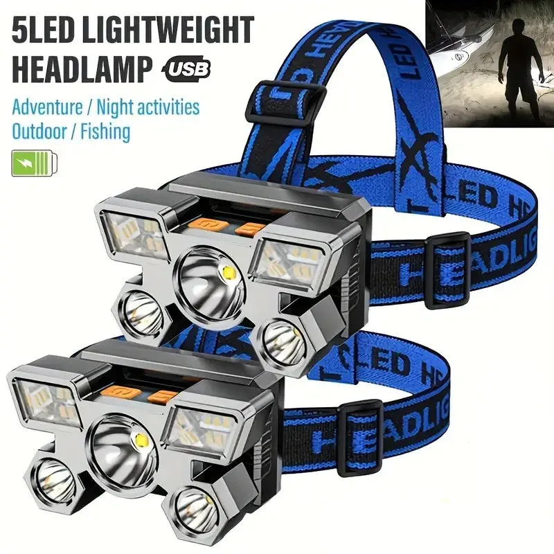 1 Stück superhelle 3LED + 6SMD-Scheinwerfer, USB wiederaufladbar, tragbar, 4 Modi, Nacht-Taschenlampe für Outdoor-Angeln, Camping, Abenteuer