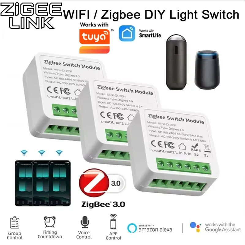 ZigBee 3.0 WLAN Smart Switch Modul Relais Automatisierungs-Schalter Mini Smart Home DIY Lichtschalter Kompatibel mit Tuya Alexa Google Home