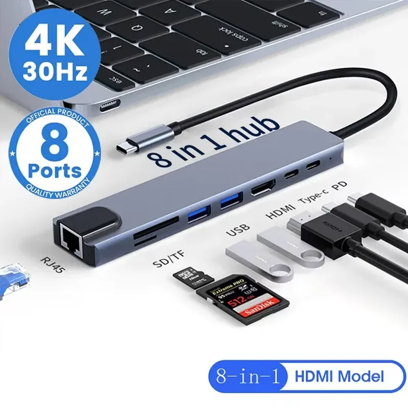 USB 8 In 1 Typ C 3 1 bis 4k HDTV Hub Adapter mit Sd Tf Rj45 Kartenleser Pd Schnellladung für MacBook Notebook Computer