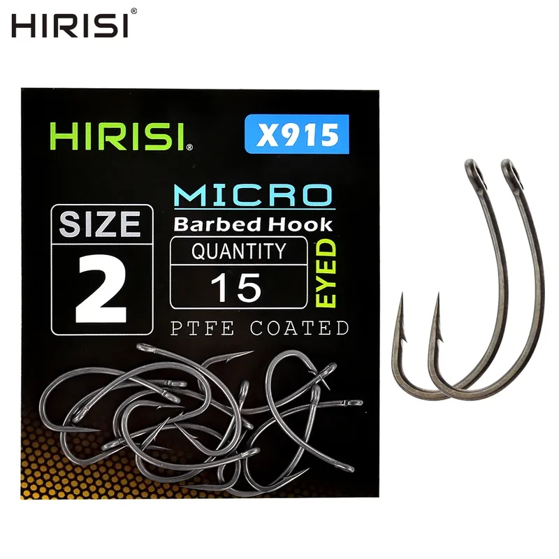 Hirisi 15x Karpfen Angelhaken mit Öse Micro Barb High Carbon Steel Angelhaken PTFE-beschichtetes Angelzubehör X915