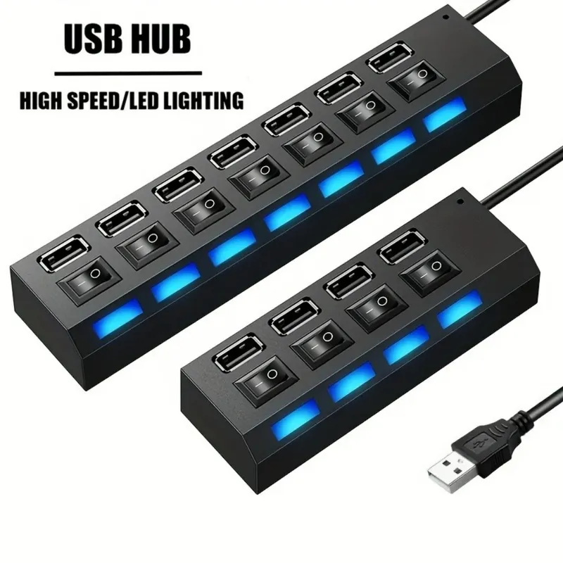 7-Port USB 2.0 Hub LED 5Gbps Hochgeschwindigkeits-Multiport USB-Stromadapter Erweiterung USB-Splitter mit Schalter für Laptop Computer Zuhause