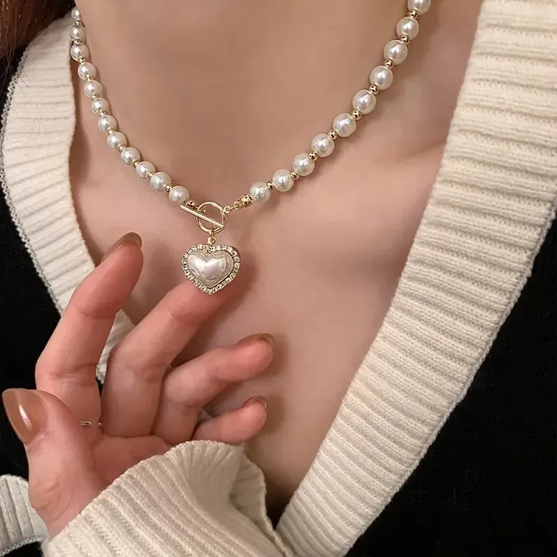 Herz Imitation Perle Weiße Meerjungfrau T-schnalle Anhänger Halsketten für Frauen Temperament Luxus Mode Party Hochzeit Schmuck Geschenke
