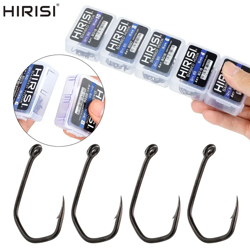 Hirisi 50/100 Stück Widerhaken-Karpfenangelhaken PTFE-beschichtet Hochkarbon-Stahl Süßwasser-Fischhaken 8019 Angelzubehör