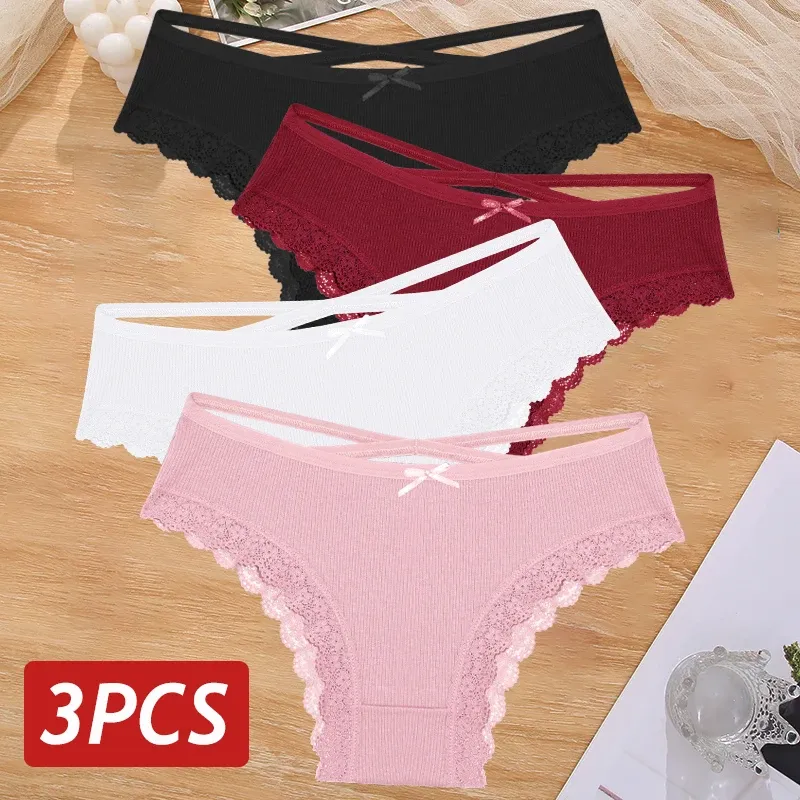 3er-Set Damen Baumwoll-Slips, sexy Low-Rise Spitzen-Brazilianer, hohl, weich, atmungsaktiv, Dessous, weibliche Unterwäsche mit Schleife, S-XL