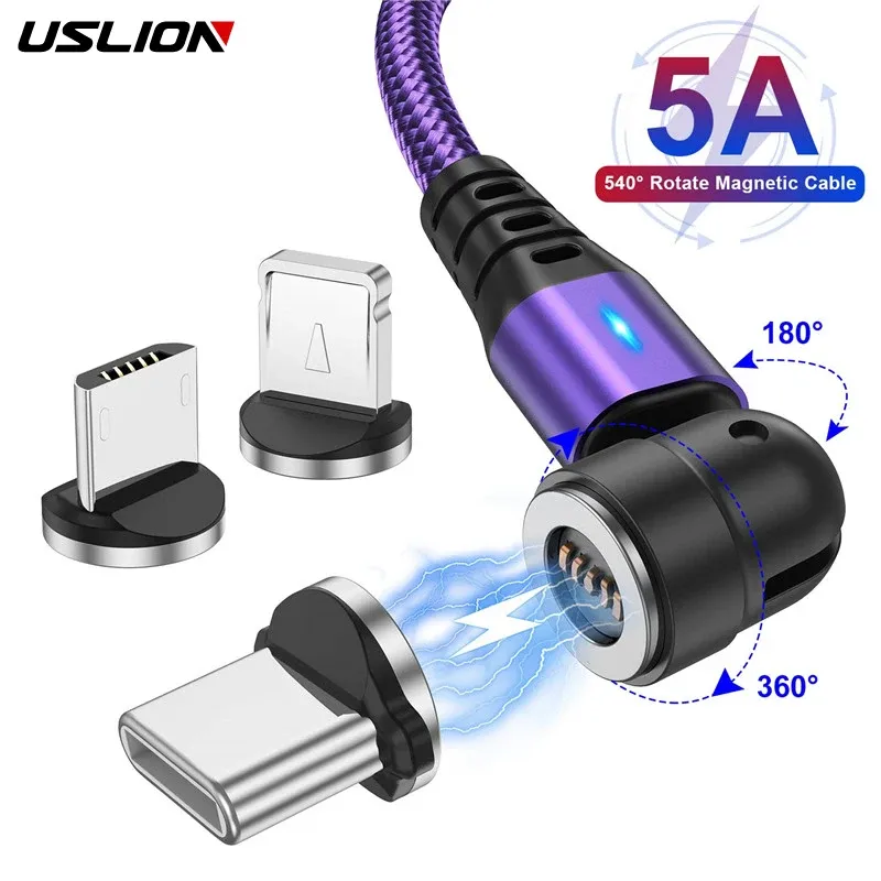 USLION 540 Drehen 5A Magnetische Kabel Schnelle Lade Typ C Kabel Micro USB Magnet Ladung Telefon Daten Linie Draht Für iphone 15 Xiaomi