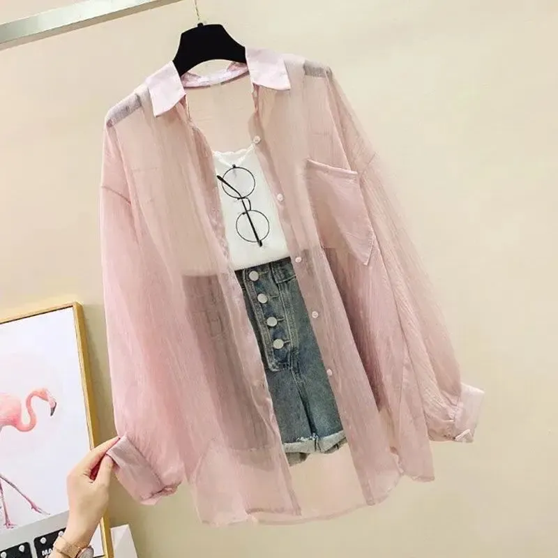 Sommer Sonnencreme Shirt Elegante Perspektive Dünne Chiffon Bluse Koreanische Harajuku Durchsichtig Lose Top Casual frauen Strickjacke