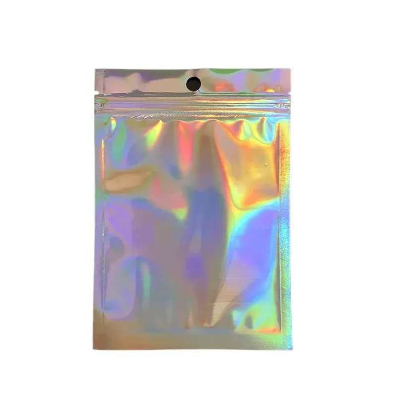 100 Stück holografische wiederverschließbare Mylar-Beutel mit Reißverschluss, Süßigkeiten, Zucker, T-Shirt, Schmuck, Schönheit, Aufbewahrungstasche