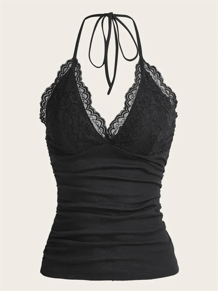Goth Grunge Punk Schwarz Spitze Patchwork Halter Top Frauen Sommer Solide Geraffte Backless Ärmellose Tank Top Streetwear Y2K Kleidung