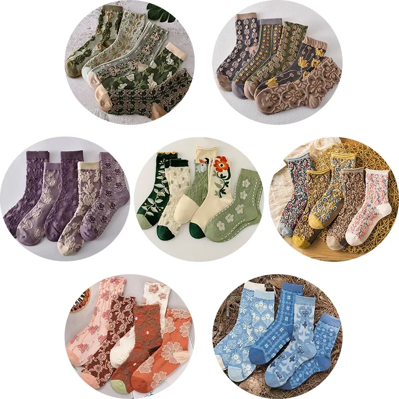 5 Paar Retro-Damensocken im Palaststil mit strukturiertem, modischem dreidimensionalem Relief, weiche und bequeme Freizeitsocken