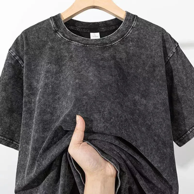 Herren Sommer T-Shirt 230G schwere Baumwolle Vintage gewaschene T-Shirts übergroße Kurzarm lose Streetwear Kurzarm Tops T-Shirt